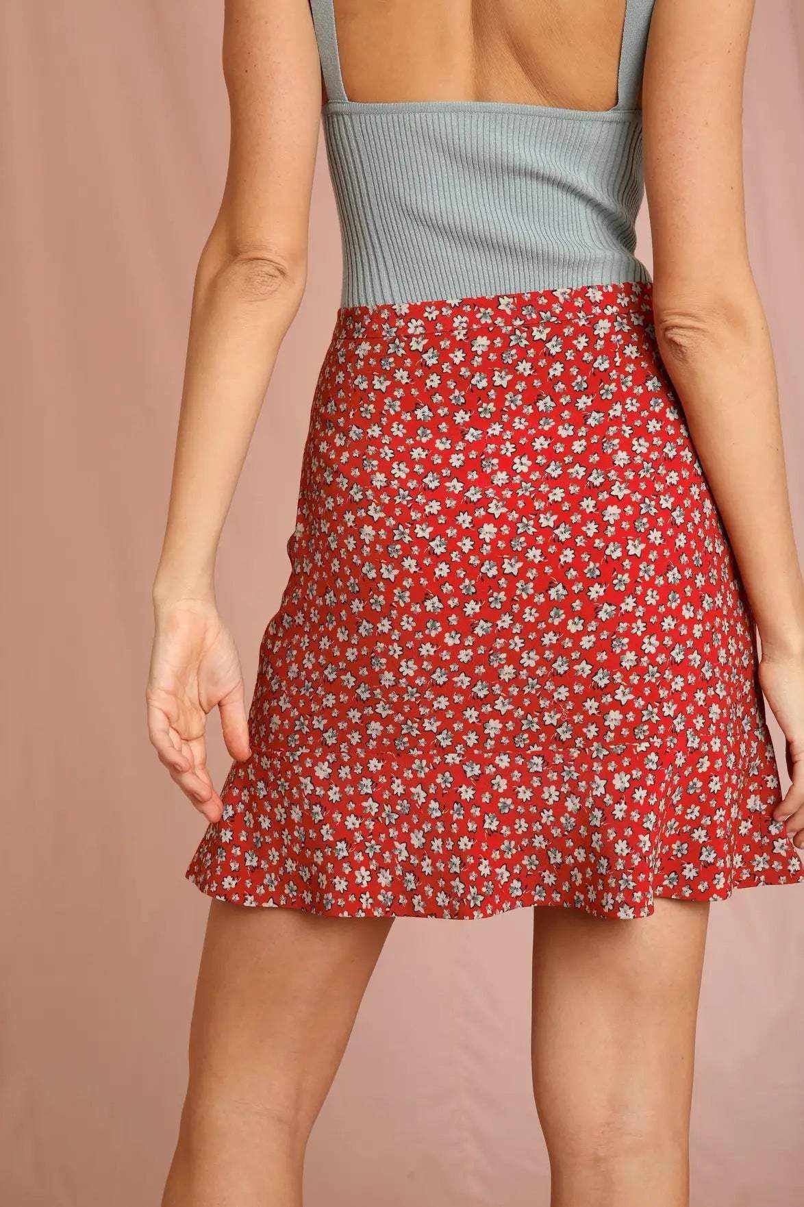 Floral Buttoned Ruffle Mini Skirt Red Floral Buttoned Ruffle Mini Skirt Red