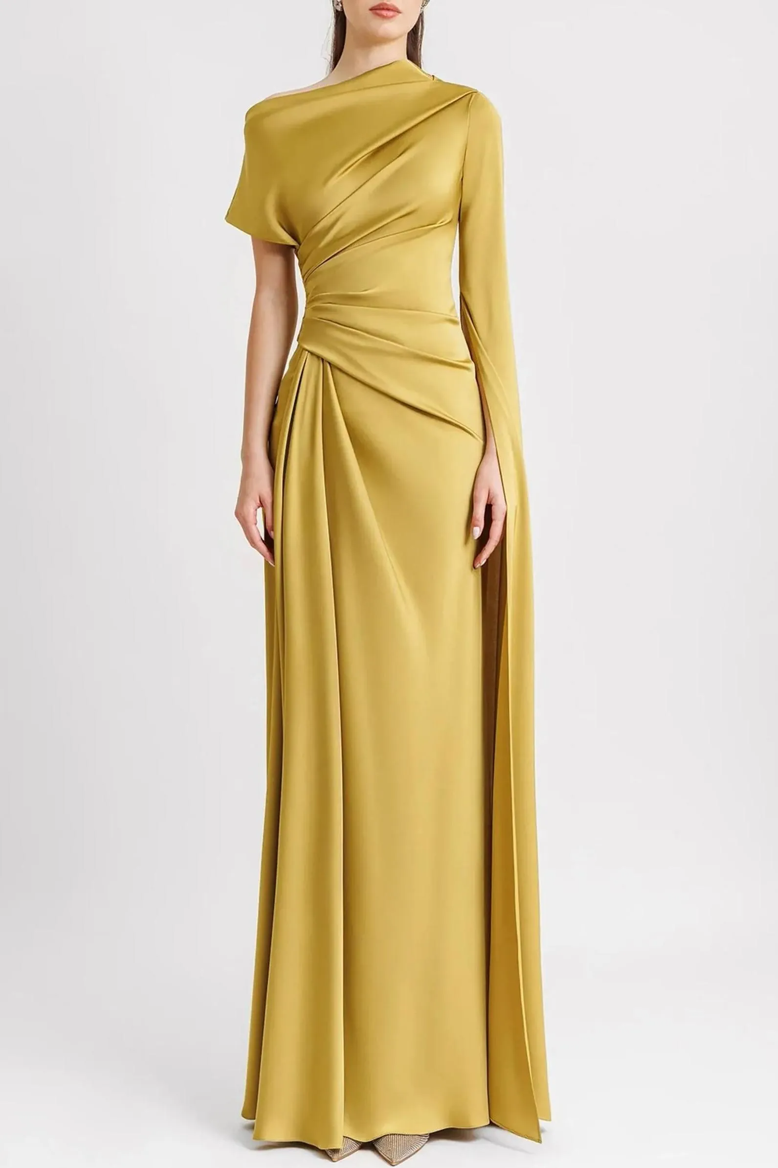 Satin Asymmetrical Neckline Draped Maxi Dress Satin Asymmetrical Neckline Draped Maxi Dress