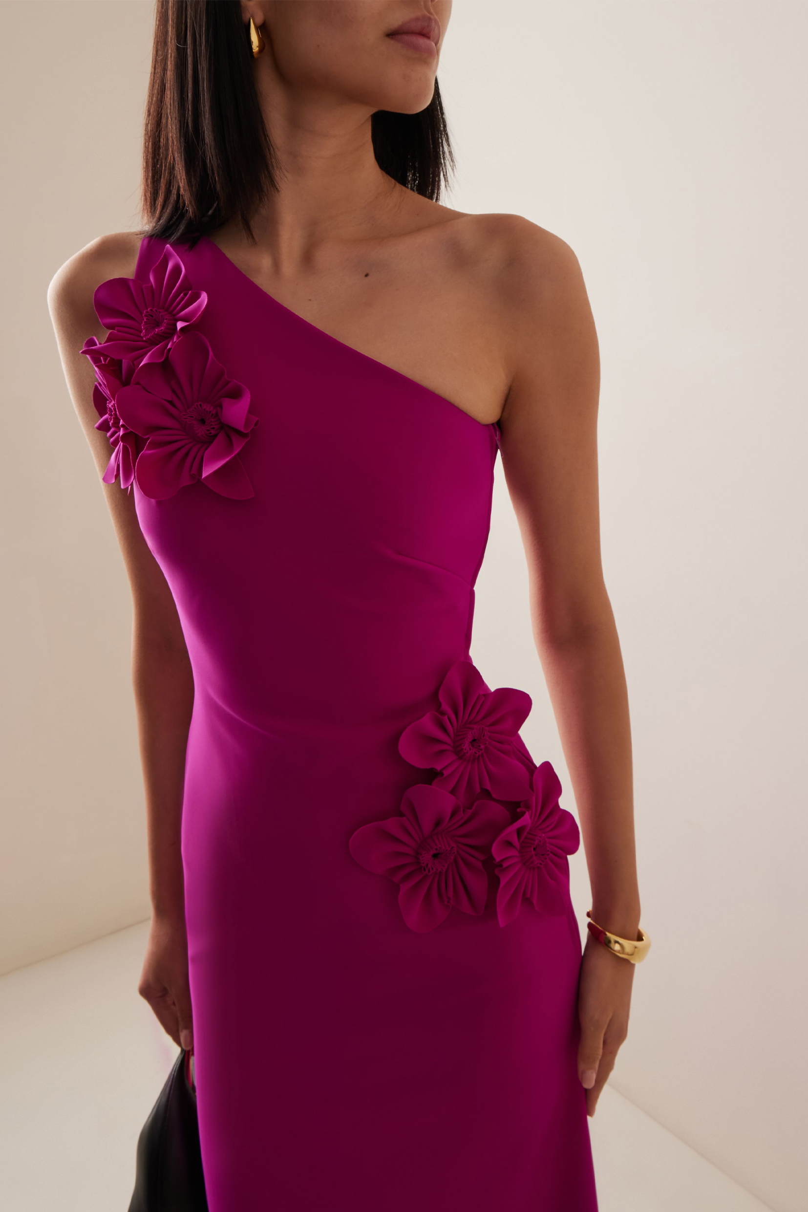 Solid 3D Flower Skew Collar Maxi Dress Solid 3D Flower Skew Collar Maxi Dress