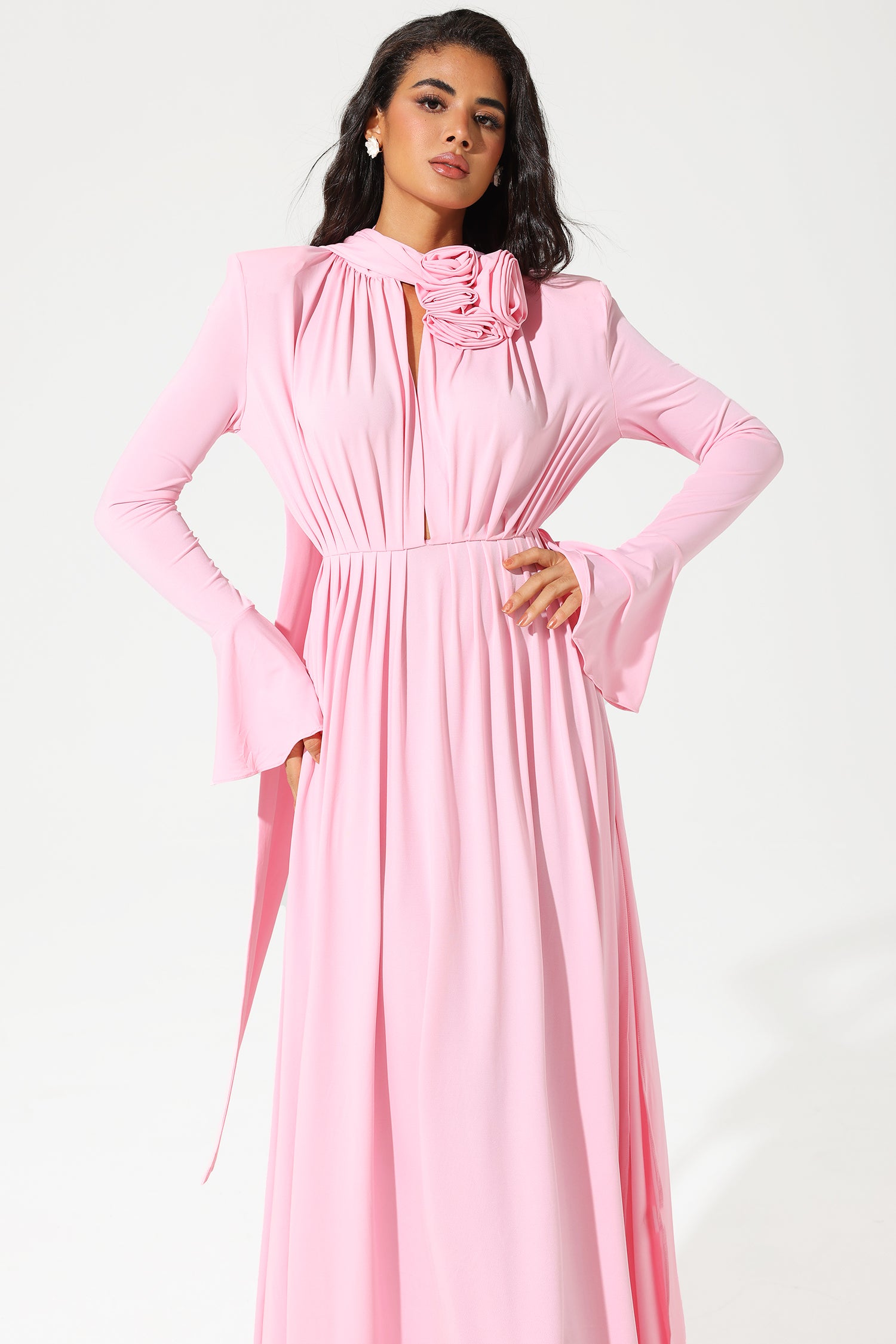 Lantern Sleeve High Collar Flower Slit Midi Dress Lantern Sleeve High Collar Flower Slit Midi Dress