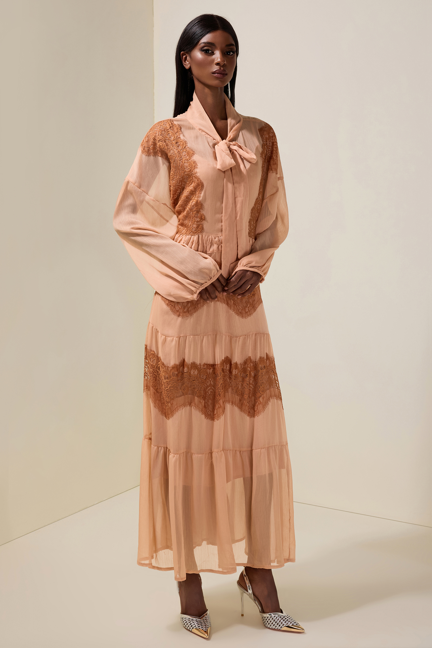 Chiffon Splicing Lace Tie-Up Long Sleeve Midi Dress Chiffon Splicing Lace Tie-Up Long Sleeve Midi Dress