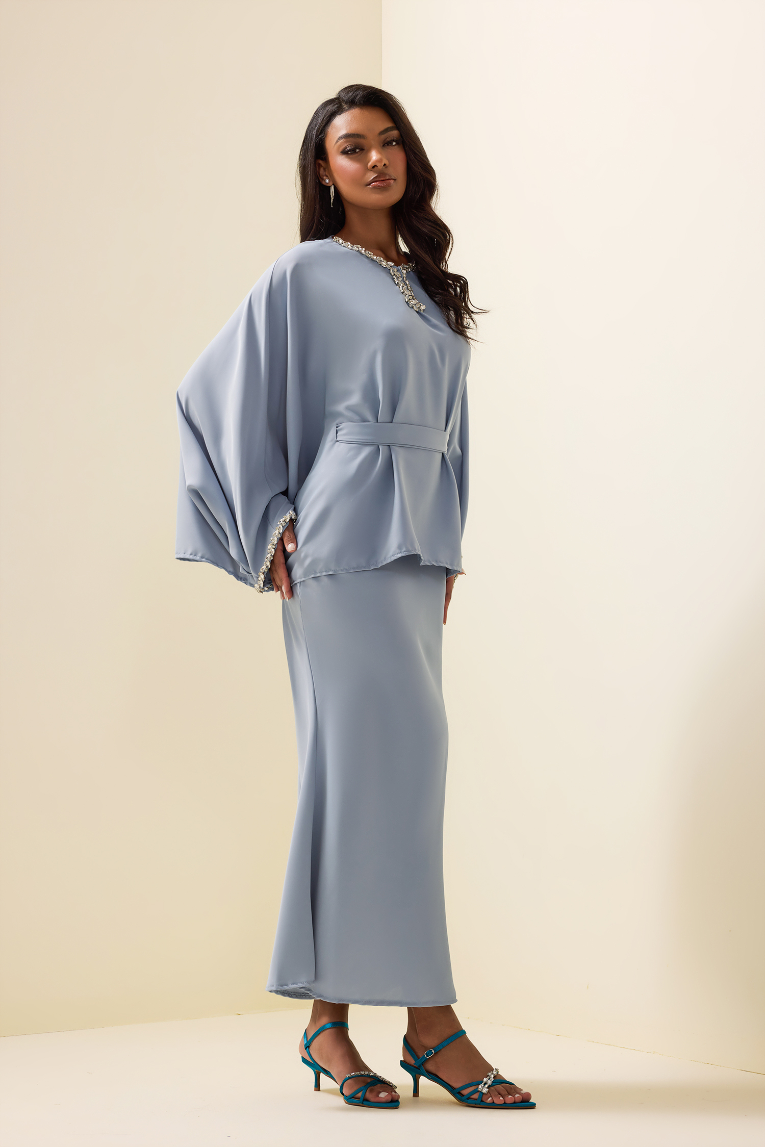 Rhinestone Solid Top & High Waist Solid Midi Skirt Set Rhinestone Solid Top & High Waist Solid Midi Skirt Set