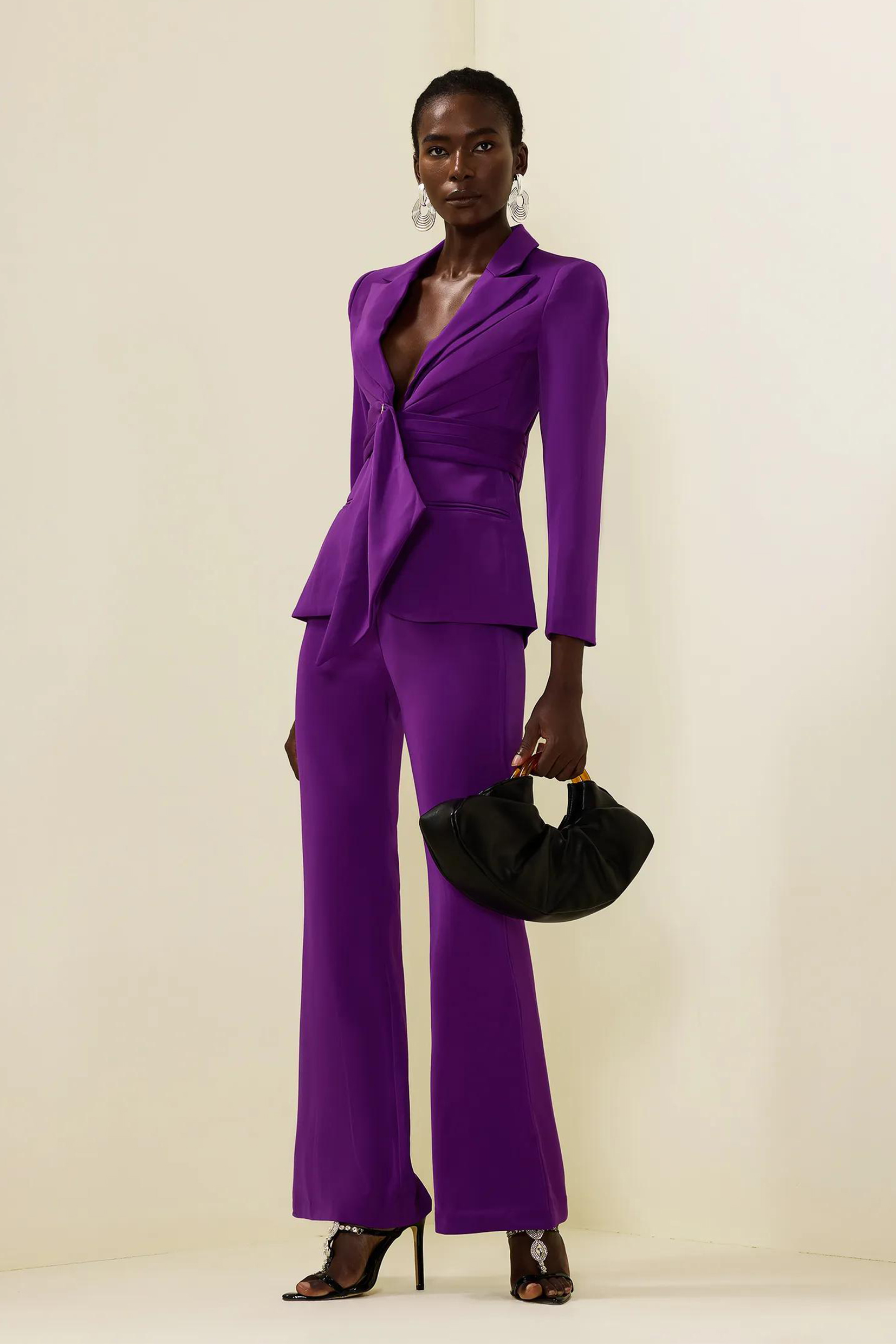 Solid Ruched Bottom Blazer &Mid Waist Solid Pants Set Solid Ruched Bottom Blazer &Mid Waist Solid Pants Set