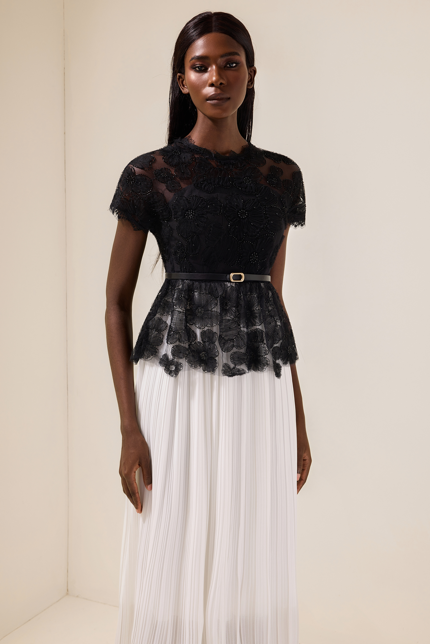 Lace Splicing Pleated Midi Dress With Belt Lace Splicing Pleated Midi Dress With Belt