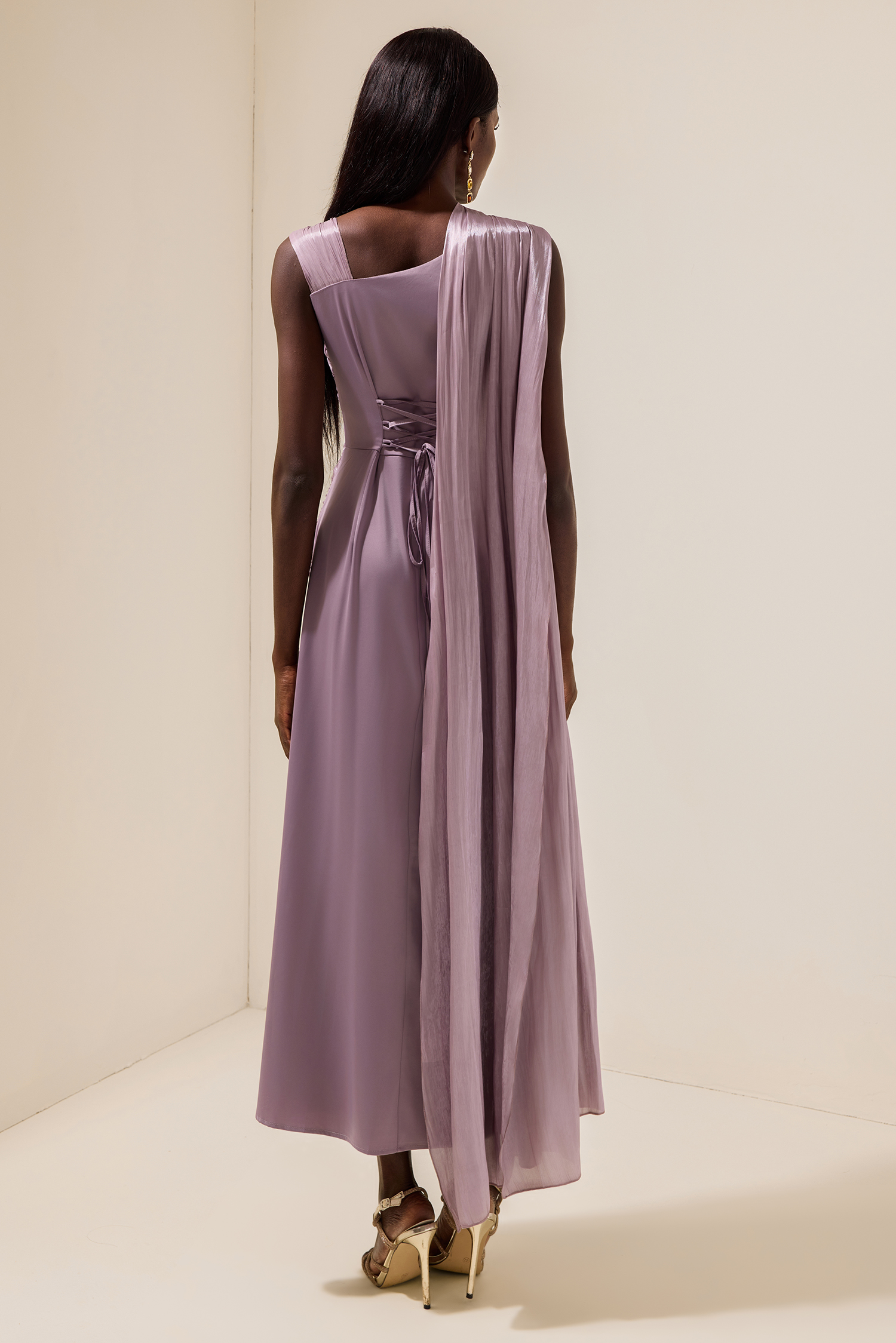 Satin Gathering Cape Sleeve Midi Dress Satin Gathering Cape Sleeve Midi Dress