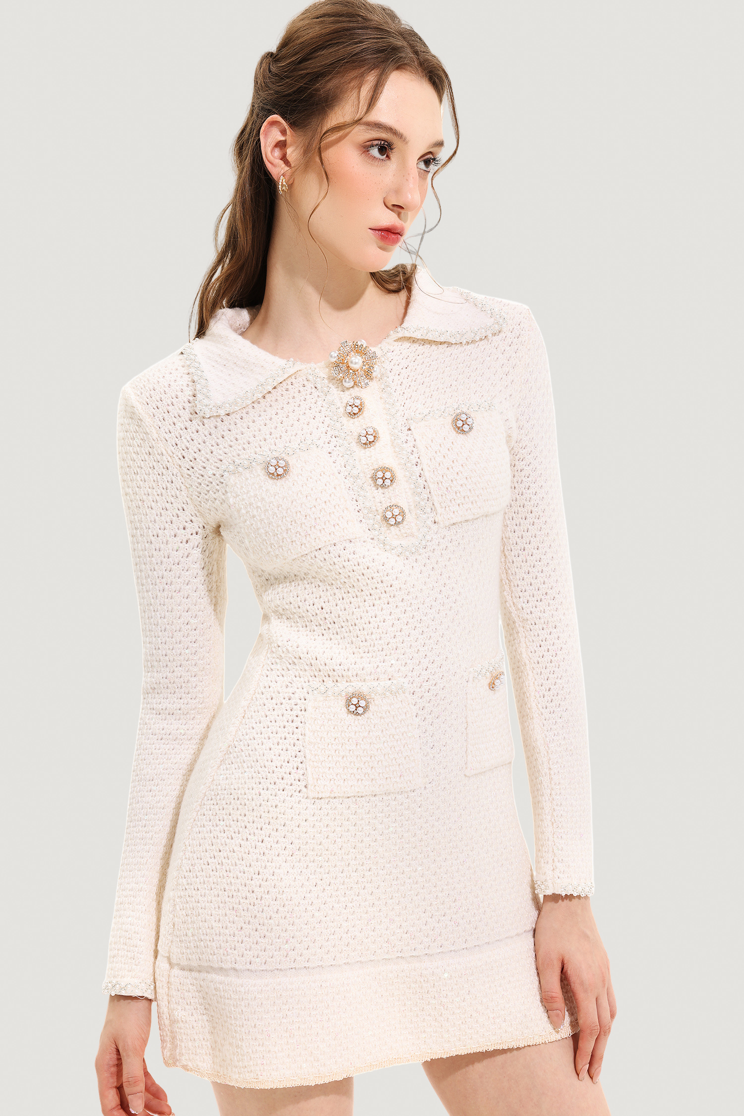 Long Sleeve Lapel Sequin Pearl Knit Mini Dress White Long Sleeve Lapel Sequin Pearl Knit Mini Dress White