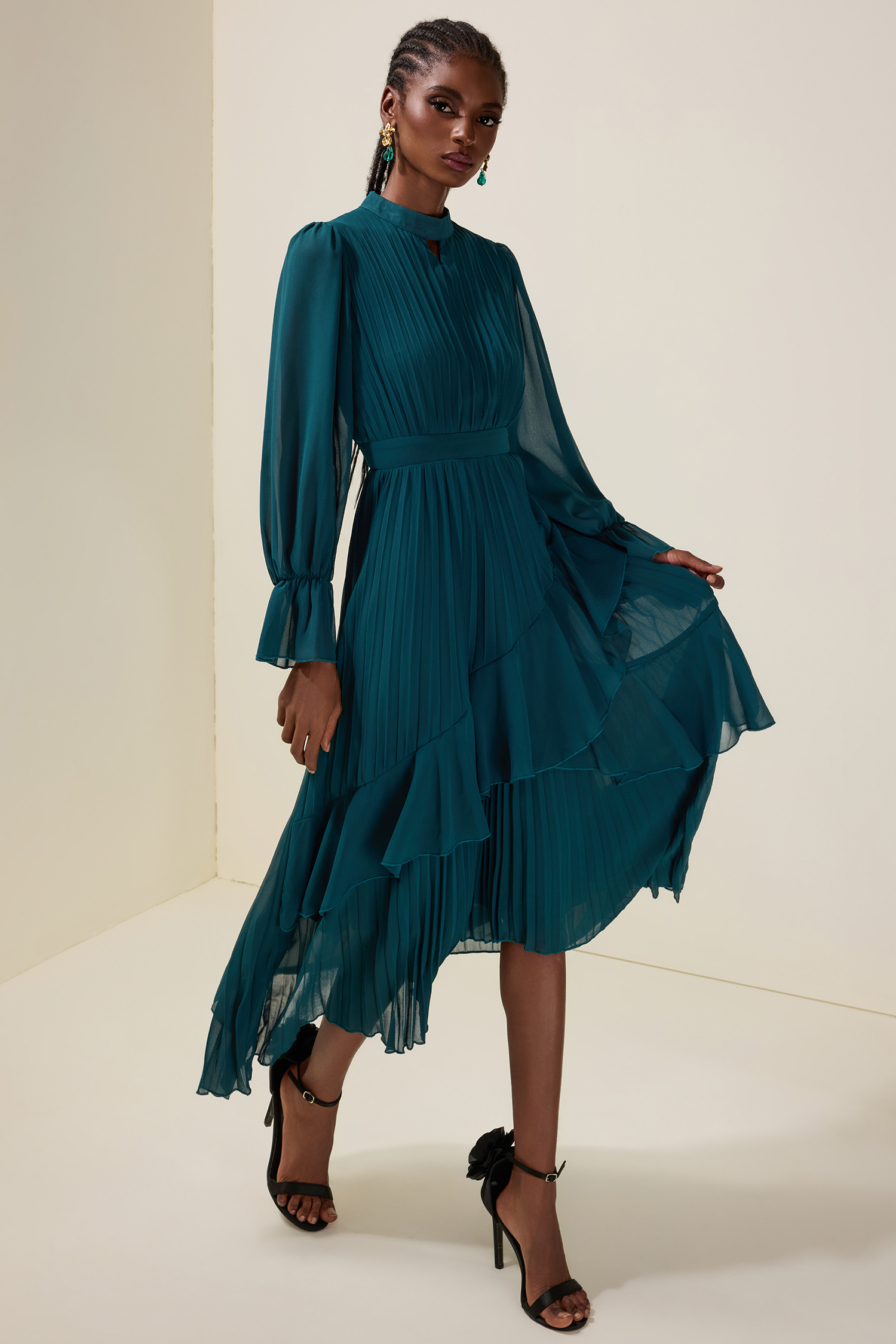 Chiffon Ruffle Pleated Midi Dress Chiffon Ruffle Pleated Midi Dress