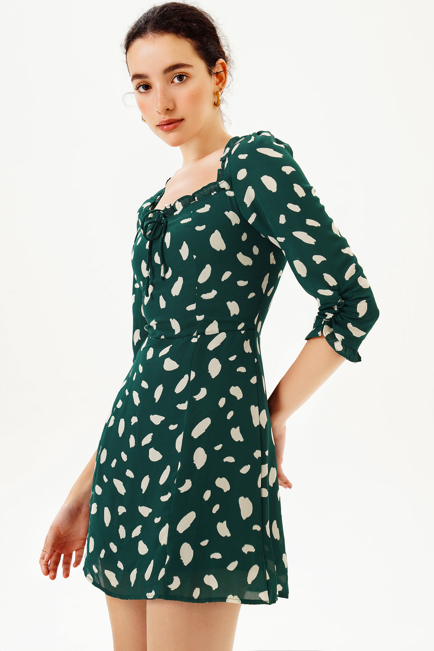 Printed Long Sleeve U-Neck Mini Dress Green Printed Long Sleeve U-Neck Mini Dress Green