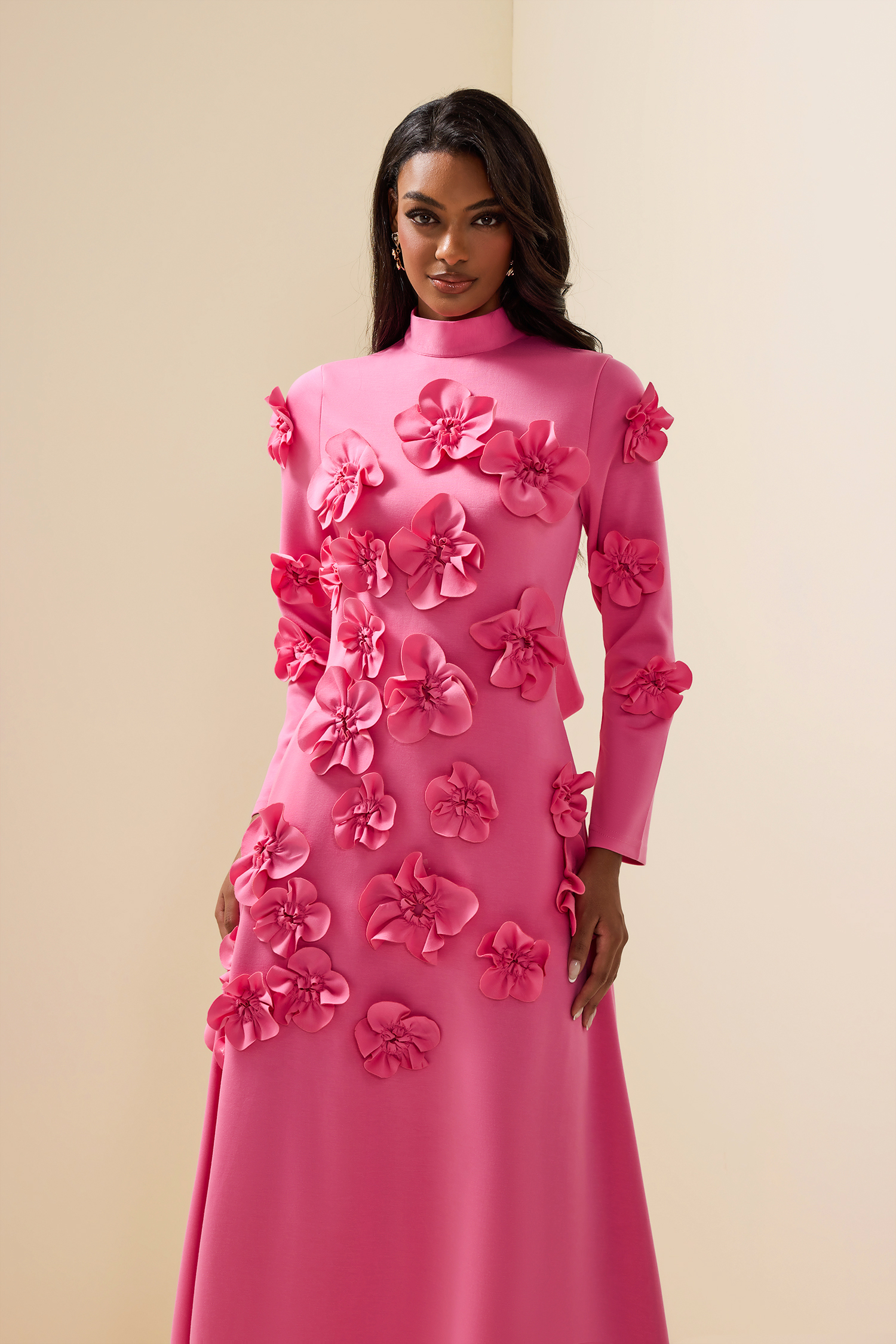 3D Flower Stand Collar Long Sleeve Midi Dress 3D Flower Stand Collar Long Sleeve Midi Dress