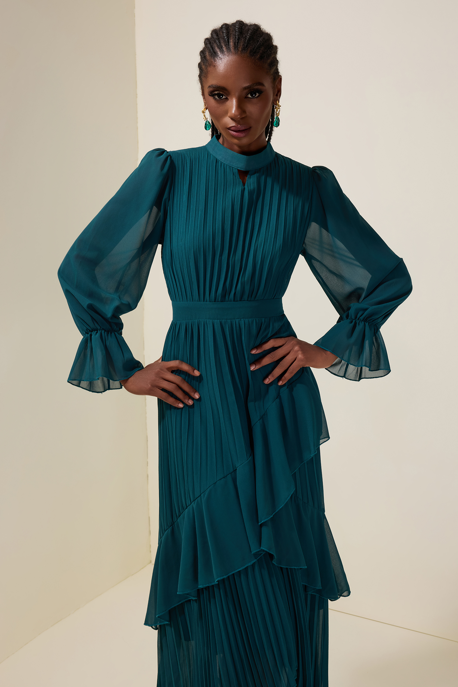 Chiffon Ruffle Pleated Midi Dress Chiffon Ruffle Pleated Midi Dress