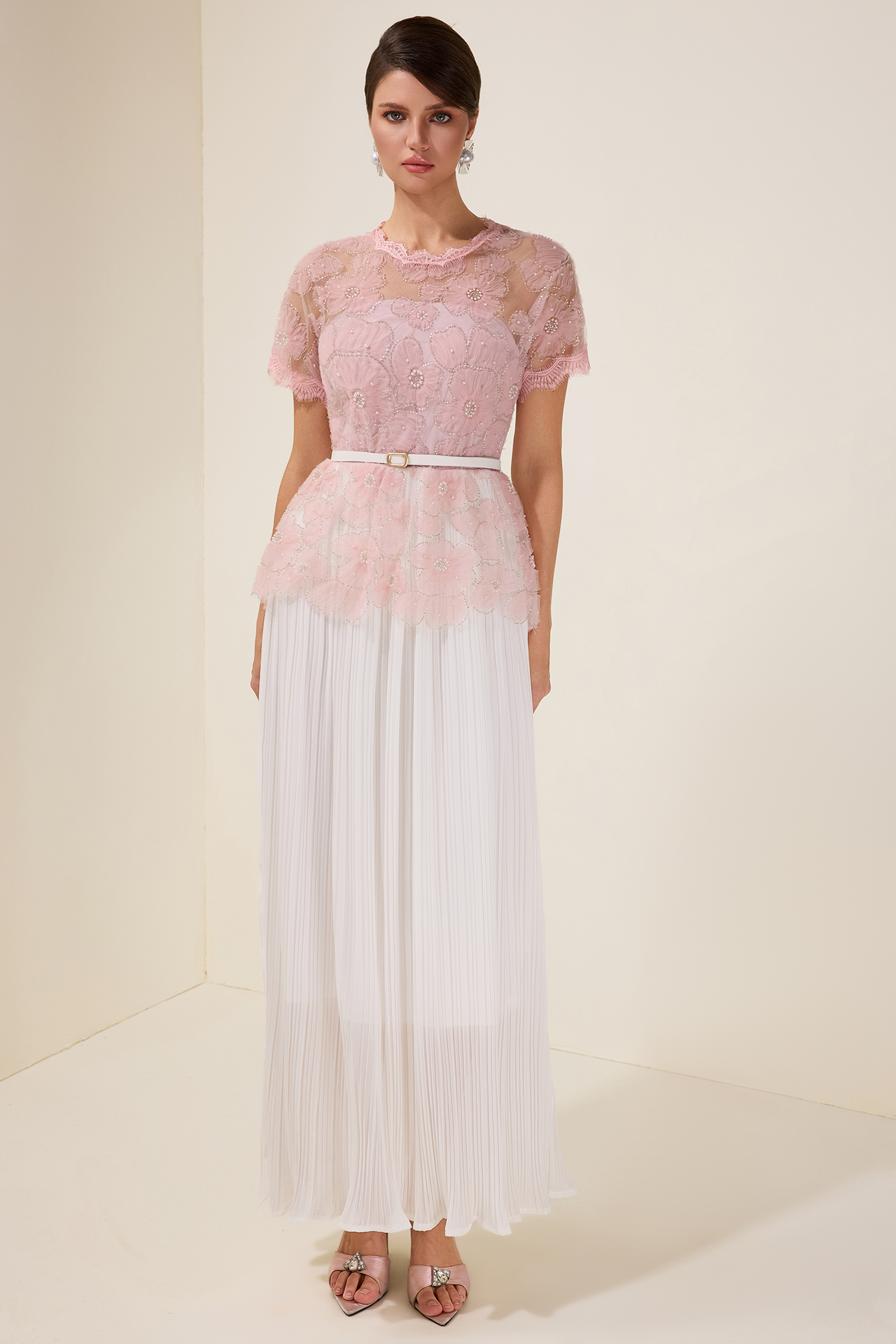 Lace Splicing Pleated Midi Dress With Belt Lace Splicing Pleated Midi Dress With Belt