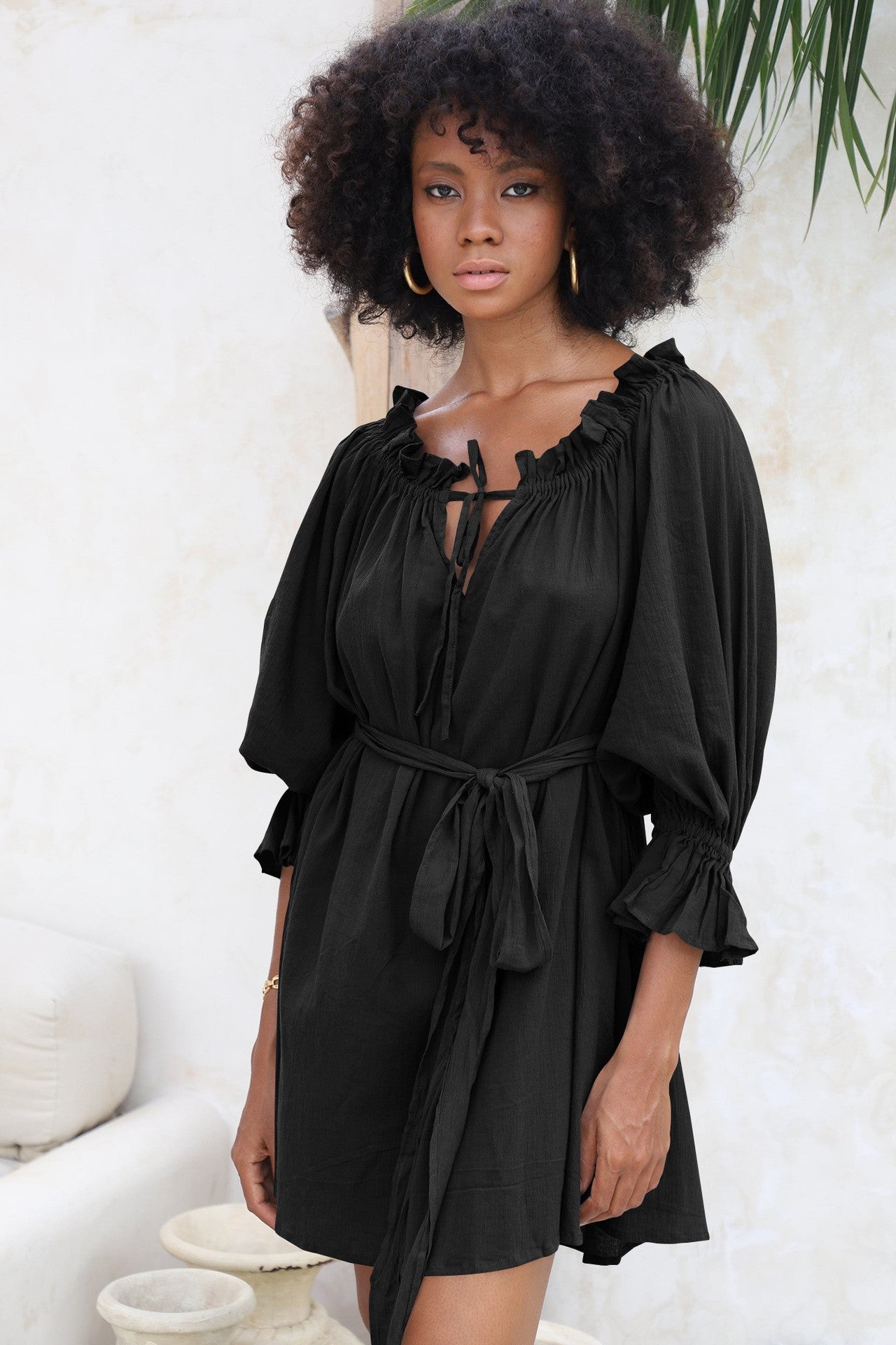 Off-Shoulder Lace Up Puff Sleeve Ruched Mini Dress Off-Shoulder Lace Up Puff Sleeve Ruched Mini Dress