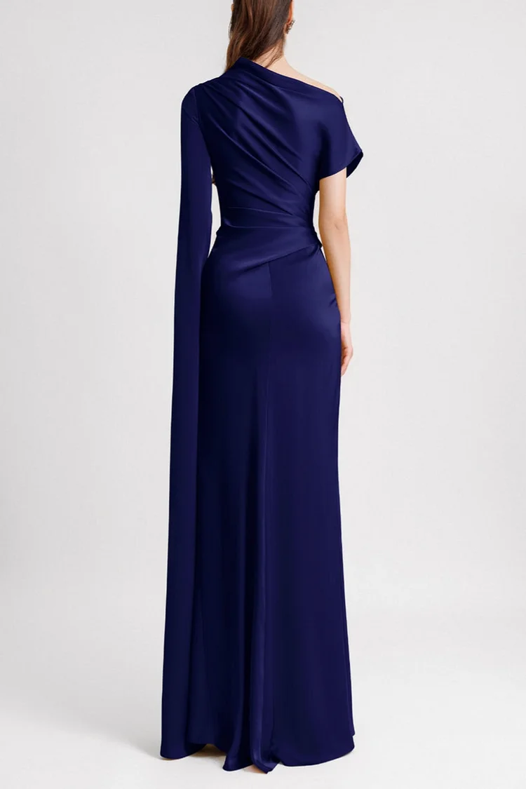 Satin Asymmetrical Neckline Draped Maxi Dress Satin Asymmetrical Neckline Draped Maxi Dress