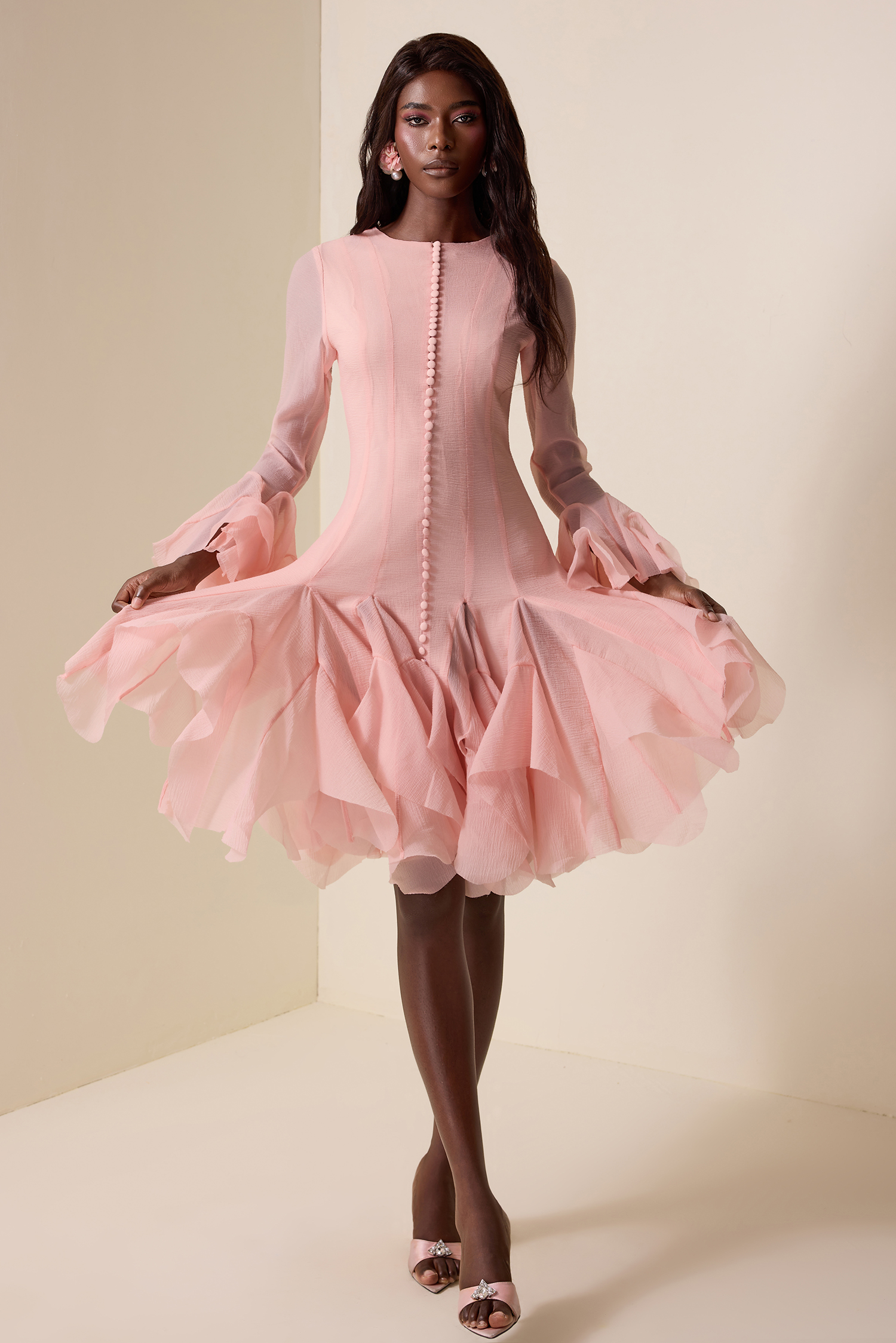 Solid Ruffle Bell Sleeve Midi Dress Solid Ruffle Bell Sleeve Midi Dress